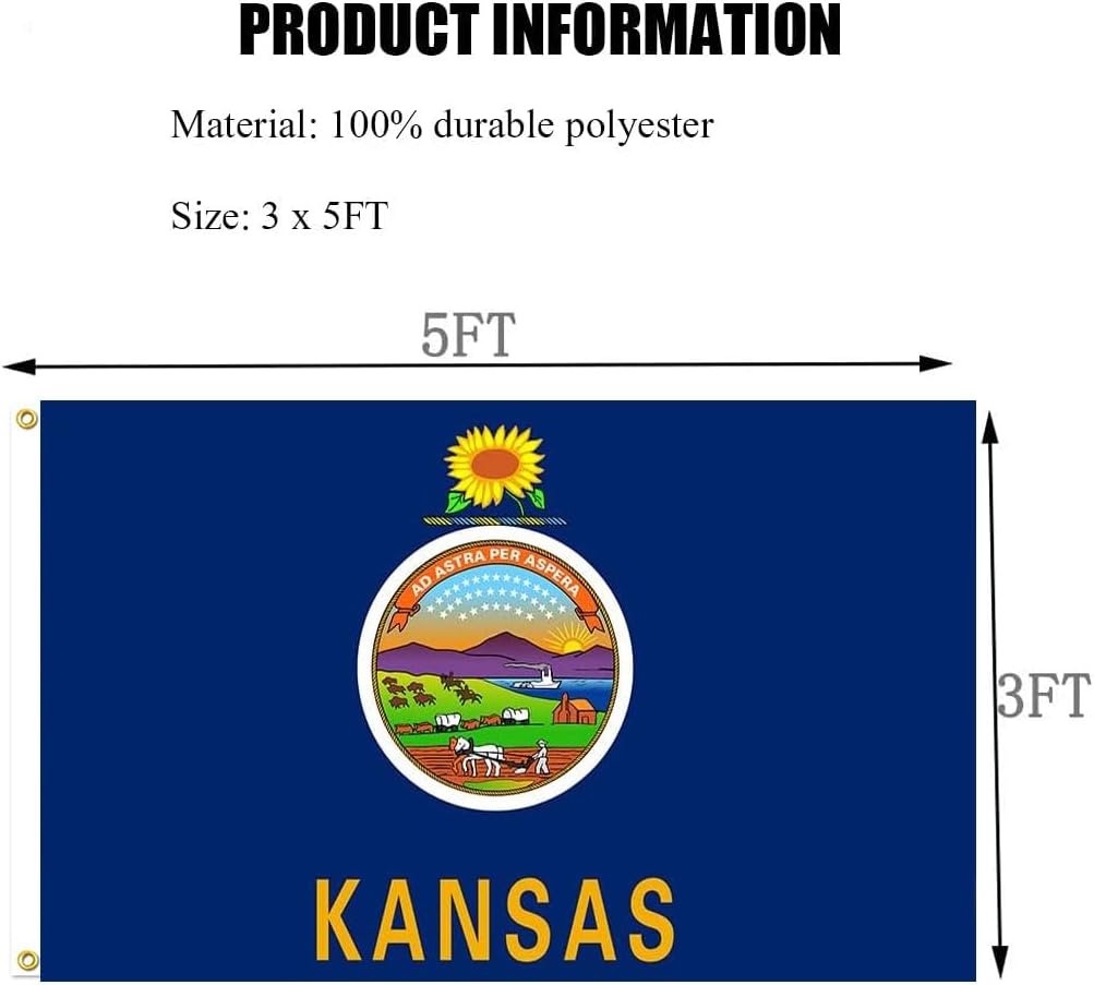 Kansas Flag 3x5 Outdoor Double Sided - Heavy Duty 3Ply Polyester Kansas State Flags Long Lasting 4 Rows Hemming KS Flag with 2 Brass Grommets 3 X 5 Ft
