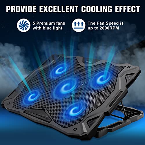 Vlhud Gaming Laptop Cooling Pad 15.6-17.3 Inch, Laptop Cooler Pad, Laptop Cooling Stand With 5 Quiet Fans And 6 Height Adjustable, Dual Usb 2.0 Ports With Blue Leds, Switch Control Fan Speed Function #TOP2
