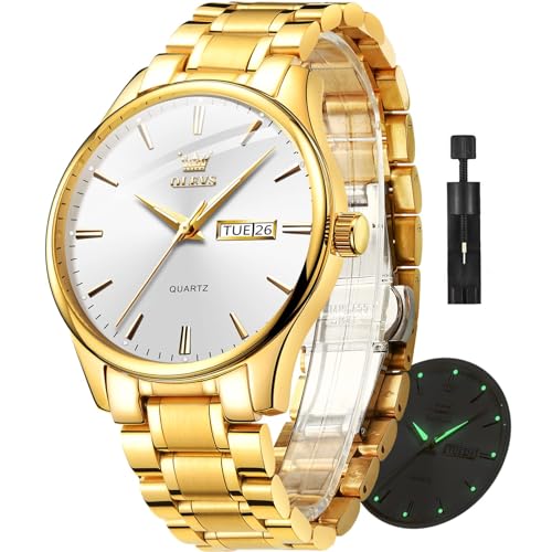 OLEVS Mens Gold and Silver Watch for Men Day Date Luxury Quartz Man WristWatch Stainless Steel Waterproof Mens Watches Dress Relojes De Hombre Big Gold Face Luminous Best Male Watch with Battery