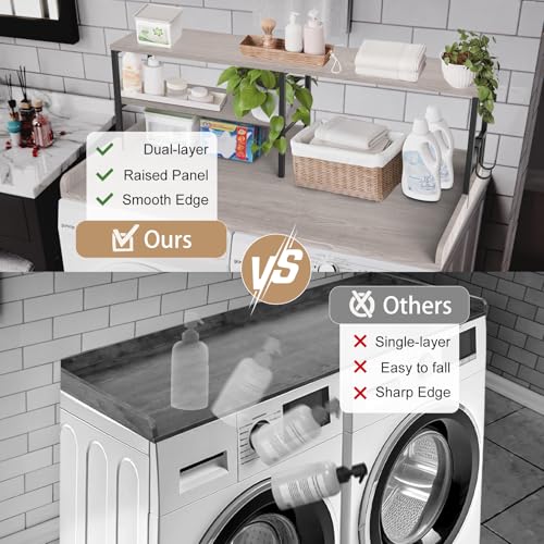 sykart Washer and Dryer Countertop with Shelf, 2-Tier 54" x 27.5" Wood Laundry Countertop Non-Slip Pads, Washer Dryer Topper with High Edge Rails and Hooks, Waterproof & Heat Resistant Top (Gray) by sykart - Image 8