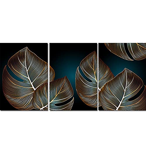 Toile Monstera feuilles d'or triptyque 60x90cm pour habiller un grand mur vide de salon moderne