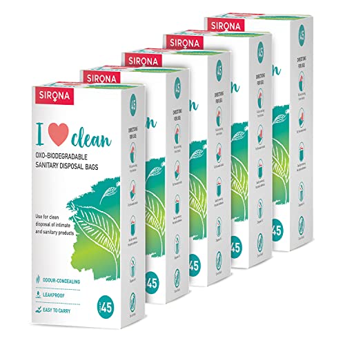 Sirona Sanitary Disposable Bags – 45 Bags (Pack of 5) | for Discreet Disposal of Tampons, Condoms, Sanitary Pads, Panty Liner and Personal Hygiene Waste