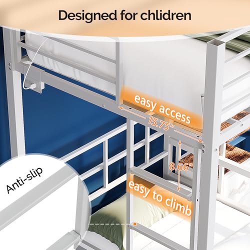 Image of VINGLI Twin Over Twin Bunk Bed with Desk, 15'' Extra High Guardrail Loft Bed with LED Lights,2 Charging Station,and 2 Storage Drawers,2 Deckers Bed,Metal Space Saving Platform Bed with Vanity,White