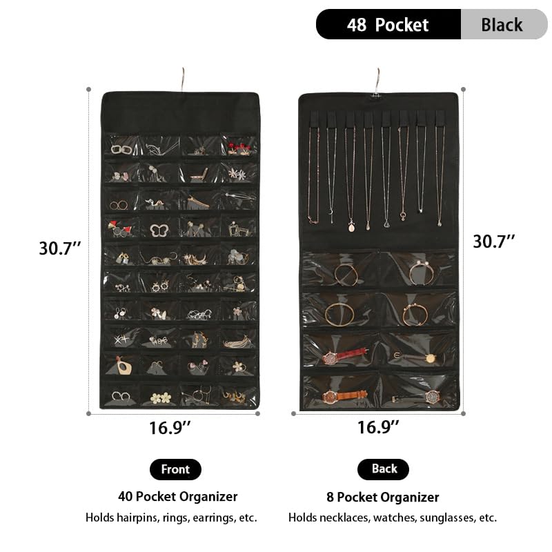 DTCSWACN Hanging Jewelry Organizer,Accessories Organizer,48 Pocket Organizer for Holding Jewelries,Black