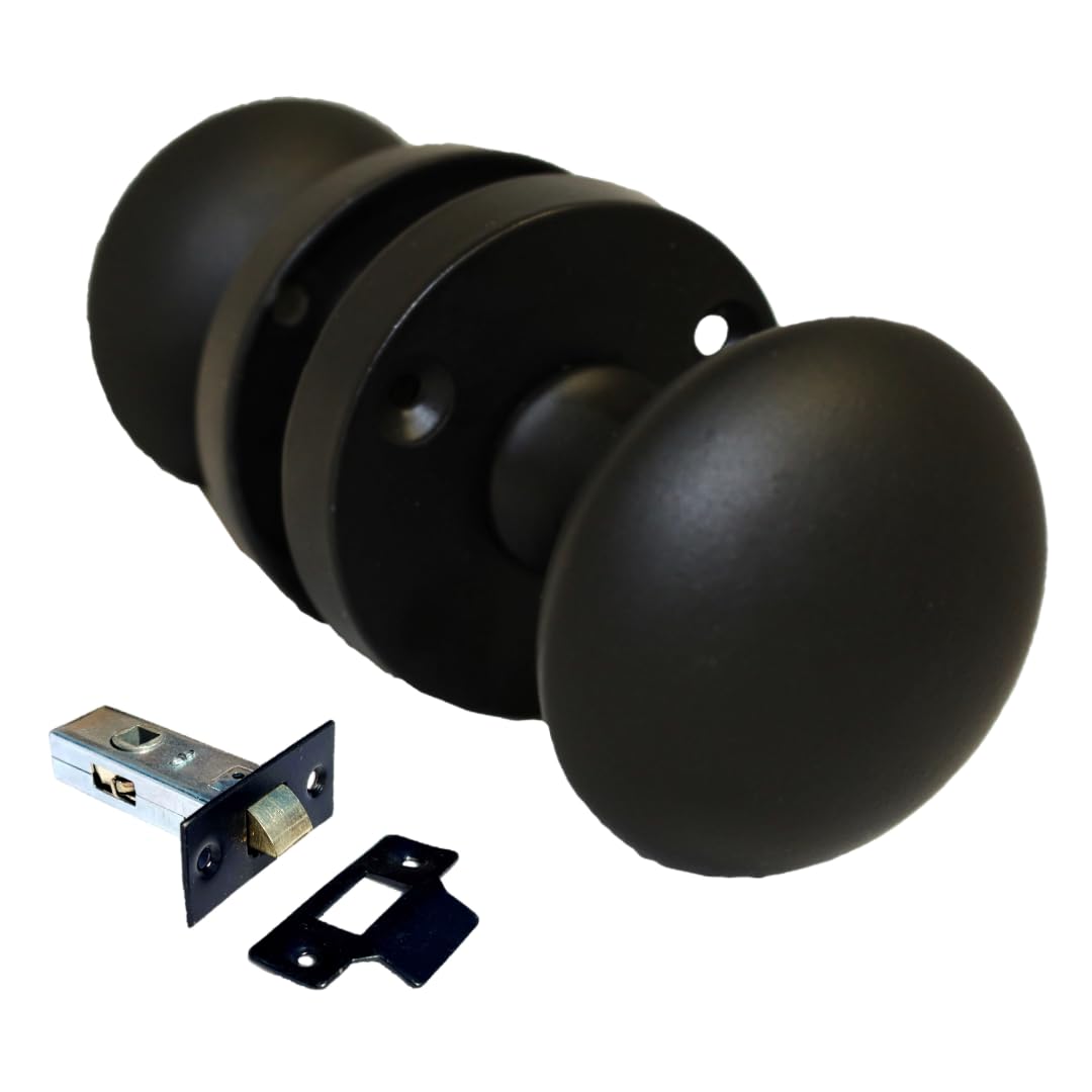 Epsom Door Handle Matt Black Round Door Knob Set - Victorian Style Sprung Internal and External Door Knobs for Mortice Locks and Tubular Latches (Pair of Knobs + Tubular Latch)