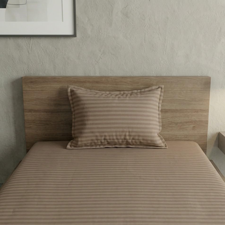 Image of Home Sizzler Microfibre Beige Satin Stripe Elasticated Fitted Single Bedsheet (72x36 Inches) with 1 Pillow Cover