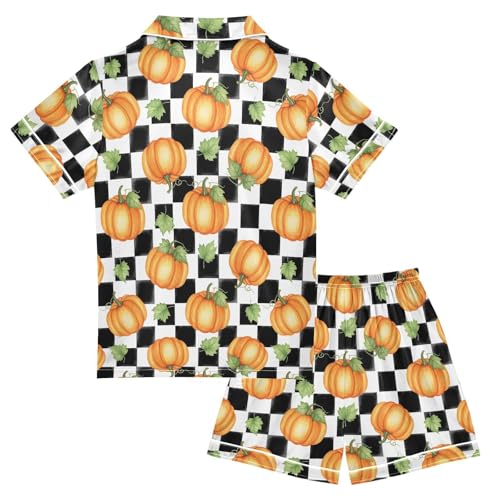 Satin Pajama Sets Short Sleeve Pumpkin Pattern Checkerboard Button Down Silky Nightwear 2 Piece PJS 5-14Y2