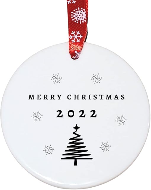 Second Ave Merry Christmas 2022 Tree White Ceramic Hanging Circle Christmas Xmas Tree Decoration Bauble