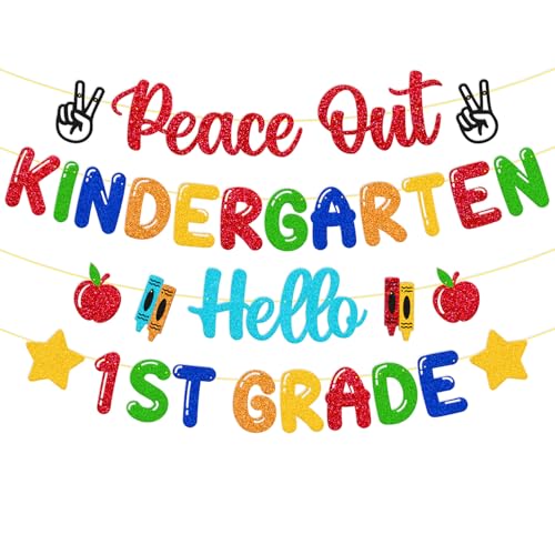 Peace Out Kindergarten Hello 1st Grade Banner Kindergarten Graduation Party Decoration Congrats Grad Class of 2026 Garland Last Day of Kindergarten Party Supplies