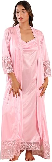 Soft Satin Nightgown Swarvoski Crystals Work Women Nighty with Lace and Robe