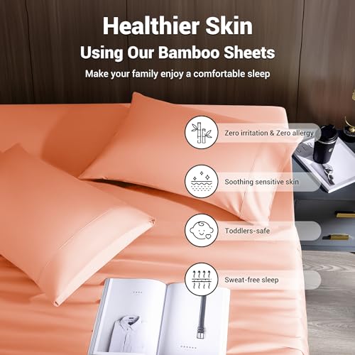 Image of Shilucheng 4 Piece Full Sheet Sets, Cooling Sheets, Blend Rayon Derived from Bamboo, Deep Pocket Up to 16 inch, Breathable & Soft Bed Sheets, Hotel Silky Bedding Set, Coral