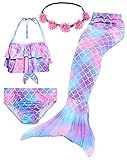 [Der Meerjungfrauenanzug enthält ]: 1 * Girlande + 1 * Bikinioberteil + 1 * Bikiniunterwäsche + 1 Meerjungfrauenschwanz, der aus den regulären Größenschulen für Mädchen im Alter von 3-12 Jahren ausgewählt werden kann. Die Größe entspricht den meisten Flossen: Das Paket enthält keine Monoflosse, aber die Breite des Lamellenteils erreicht 56 cm (22 Zoll), was den meisten Flossen von 40 cm bis 48 cm (15,7 bis 18,9 Zoll) auf dem Markt entsprechen könnte.