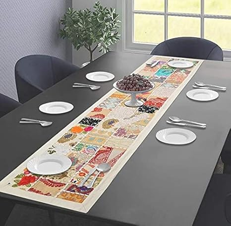 Instalife Global Embroidery Cotton Patchwork Table Runner ( Off White, Medium - 12 x72 cm)