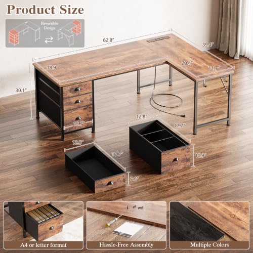 Image of Furologee 55 inch L Shaped Desk with Power Outlets & USB-C Port, Reversible Corner Office Desk with File Drawers, Work Study Gaming Table for Home Office, Dorm, Rustic Brown