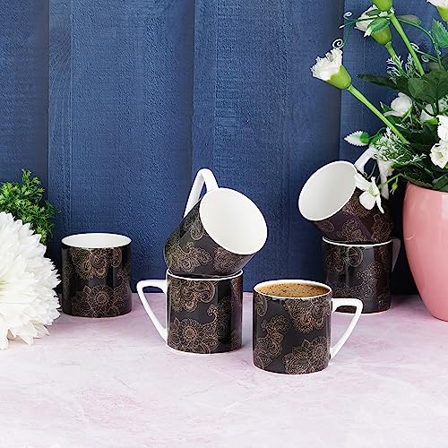 Image of Dandy Lines Puja Gold Alpana on Black, Ceramic Coffee Mug Set, Pack of 6, Microwave & Dishwasher Safe, Great for Home Use & Gifting