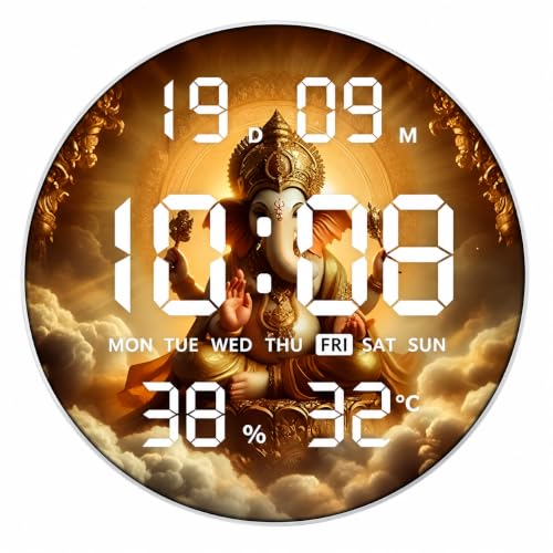 Image of Amazon Brand - Umi Divine Ganesha Digital Wall Clock LED Display Day Date Month Time Temperature & Humidity 12 /24 Hour Format Modern Decorative Religious Wall Clock for Home Living Room Office Temple