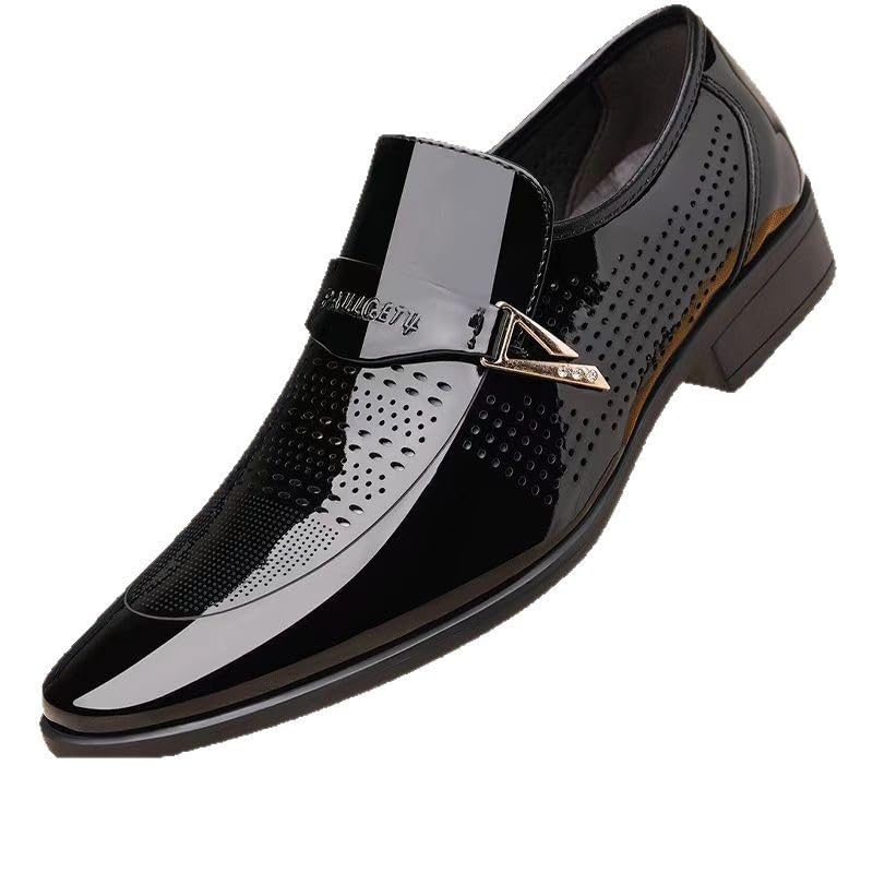 Men's Summer Business Formal Slip-On Dress Shoes Pointed Toe Korean British Style Hollow Out Perforated Leather Oxfords