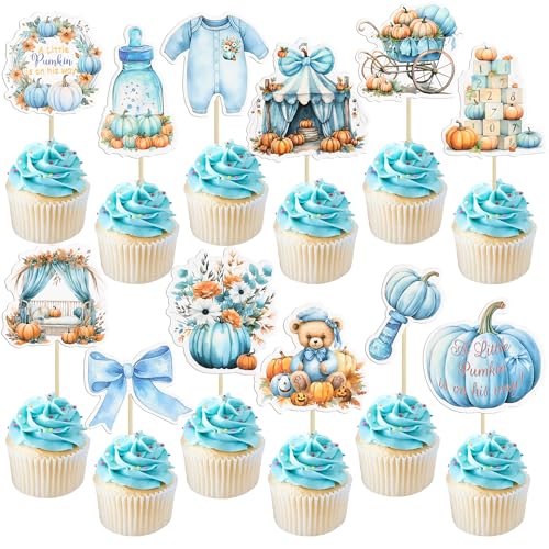 Gyufise 36Pcs A Little Pumpkin is on His Way Cupcake Toppers Carriages Floral Pumpkin Baby Shower Cake Decorations for Baby Boy First Birthday Gender Reveal Party Supplies Favors Blue