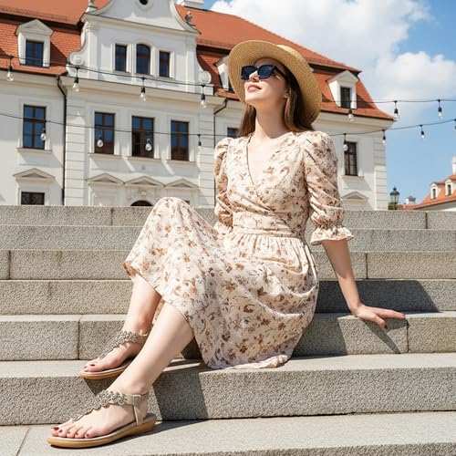 Image of HARENCE Flat Sandals for Women Dressy: Comfort Thong T-Strap Walking Shoes 2026 with Elastic Ankle Strap for Summer Casual Vacation