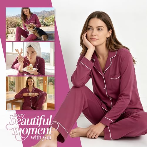 Image of HEARTNICE Womens Pajama Set, Soft Long Sleeve Pajamas & Long Pants with Pockets, Button-up Sleepwear Lounge Pjs