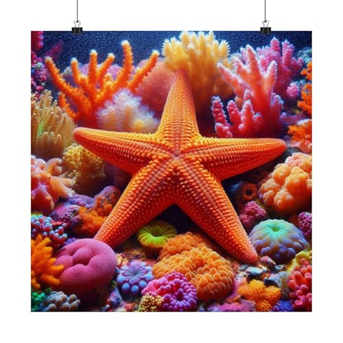 Vividly Colorful Orange Starfish on Coral - Matte Poster 18x18 inch - Made in USA