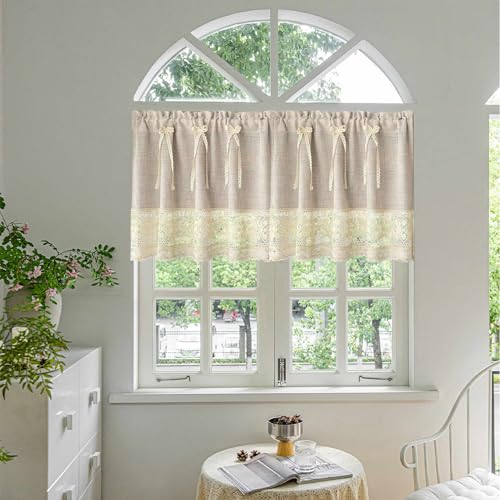 Gxi Faux Linen Valance Crochet Hemline for Windows Bow Kitchen Curtain Rod Pocket Farmhouse Country Rustic Bathroom Small Window Treatment Living Room (1pc 79x24 inch, Natural)
