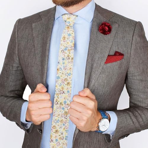 Image of Mantieqingway Men's Skinny Tie, Cotton Floral Ties for Men Wedding Necktie for Groom, Groomsmen, Missions, Dances