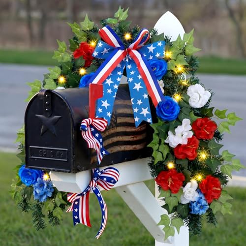 Yinder 24 W Patriotic Mailbox Wreath with LED Lights Pre-lit 4th of July Mailbox Swag Decor with Red White Blue Roses Lilacs Stars Stripes Bow for Memorial Veterans Independence Day