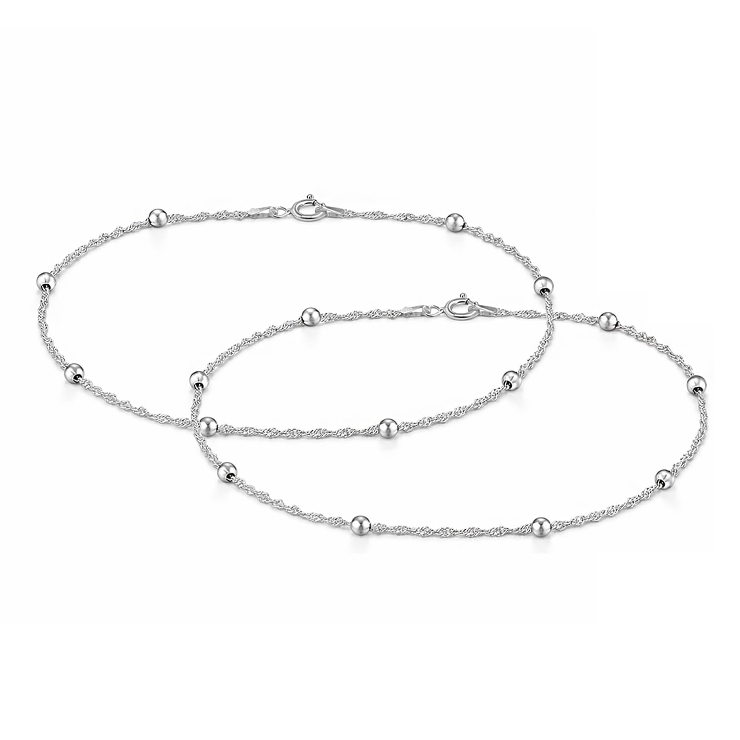 925 Sterling Silver Ball Beaded Chain Station Anklet for Women