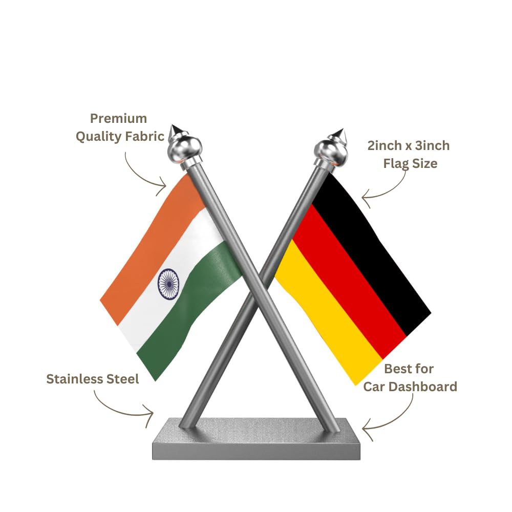 The Flag Company India & Germany Car Dashboard Flag 2x3 Inch Premium Flags with Stainless Steel Pole & Base | Compact Dual Display for Car Interiors & Desks 1