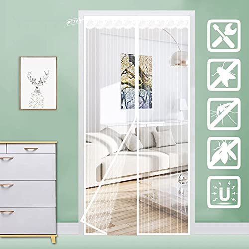 Cortina de malla magnética para puerta, cierre antimosquitos, color blanco, 105 x 220 cm
