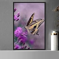 Framed Canvas Wall Art Butterfly Expressive Farmhouse/Country Home Office Insects Lake Multicolor Photography - 16x24 inches