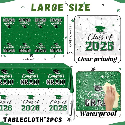 Image of 2026 Graduation Decorations,Congrats Grad Tablecloth 2pcs White Green Class of 2026 Table Covers Rectangle for Graduation Party Supplies,108x54inch (Green)