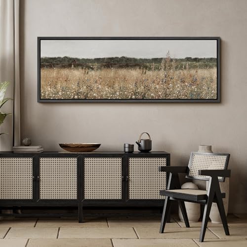 Image of MUDECOR Large Framed Canvas Print Wall Art Golden Meadow Neutral Wildflower Field Antique Ready to Hang Painting for Living Room Bedroom Multi-Sizes - 60 inchx20 inch