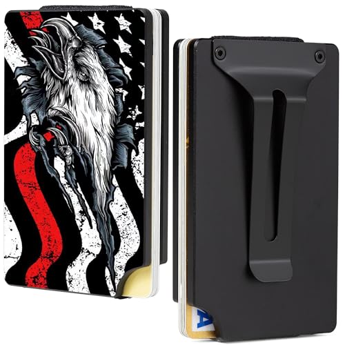Image of Minimalist Carbon Fiber Wallet for Men, Money Clip Cash Strap Wallet, RFID Blocking Metal Wallet Aluminum Card Holder,Front Pocket Wallet-Redline Flag Eagle