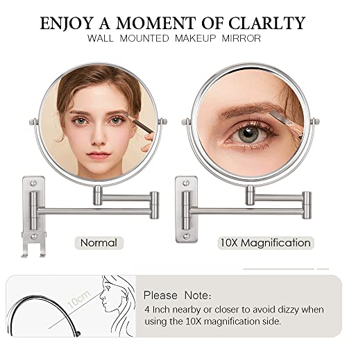 Cerdeco 8 Inch 10X Double Sided Makeup Wall Mount Mirror With Hook Nickel Finished 360° Swivel Extendable Cosmetic Shaving Mirror Magnification Mirrors #TOP2