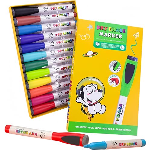 coojsoo 12 Colors Dry Erase Markers for Kids Magnetic Whiteboard Pens with Eraser Cap Low Odor Non-Toxic Washable Coloring Markers for painting Preschool Learning Classroom & Home Art Supplies