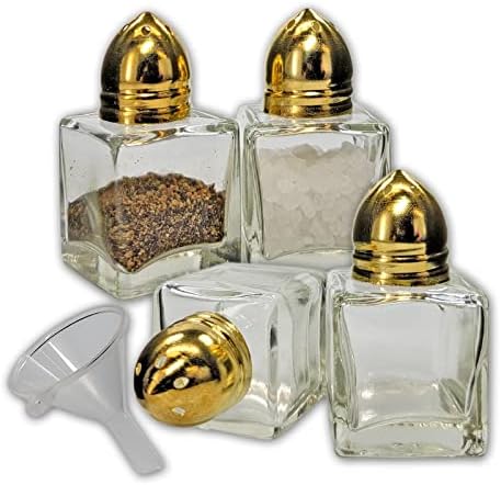 Pack of 4 Clear Glass Mini Cube Salt & Pepper Shakers with Gold-tone Tops and BONUS Easy Fill Funnel (Gold) by NetSellsIt