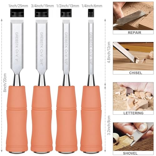 Image of GREBSTK 4-Piece Ultra-Sharp Wood Chisel Set, CR-V Steel Beveled Blades with Guards, Comfortable & Durable Handle, for Carving, DIY & Woodworking (1 /4 inch, 1 /2 inch, 3 /4 inch, 1 inch)