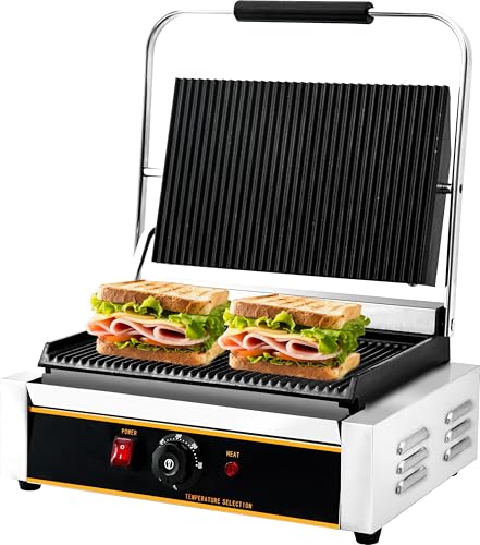 Yingyunvo Commercial Panini Press Grill 2200W Countertop Electric Sandwich Maker with Adjustable Temp Control, Grooved Plates Grill, for Burgers Steaks Panini