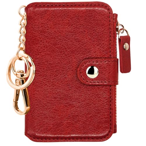 Image of Keychain wallet, Rfid Blocking Credit Card Holder Leather, Zipper Card Case for Women, red, 4.7 inch x 2.6 inch x 1.0 inch, Multi-function