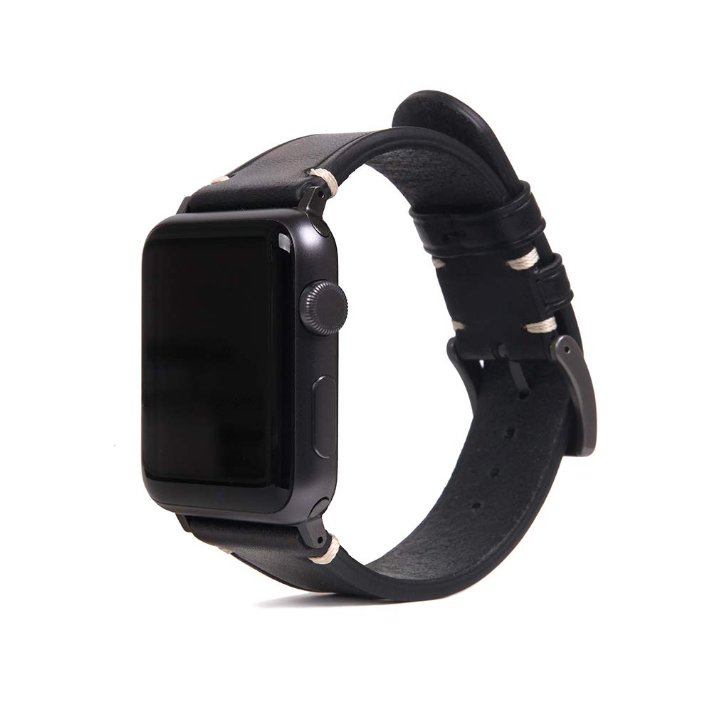 SLG Compatible with Apple Watch Band 42/44/45/49mm, D7 Italian Buttero Leather Replacement Strap Feature Black Adapters with Gift Box, iWatch SE & Series ULTRA 2 / ULTRA 9/8/7/6/5 (Black)