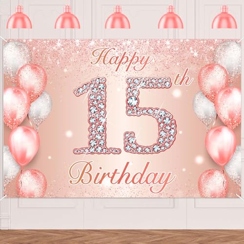 Image of Happy 15th Birthday Rose Gold Banner Cheers to 15 Years Old Backdrop Confetti Balloons Theme Decor for Girls 15 Years Old Pink Birthday Party Decorations Bday Supplies Background Favors Gift Glitter