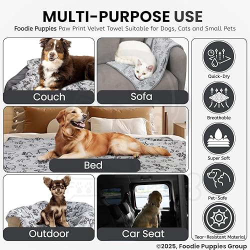 Image of Foodie Puppies Quick Drying Microfiber Pet Towel, (Paw Print Bath Towel) (Grey, 107 cm x 85 cm) Large Super Absorbent Soft Fleece Bath Towel for Drying Dogs & Cats, Grooming Blanket