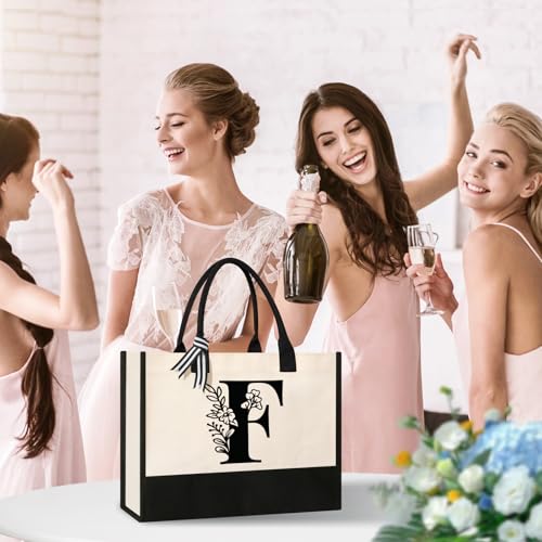 Image of Tecanne Personalized Initial Canvas Tote Bag, Suitable for Birthday, Wedding, Beach, Holiday, Gifts for Women, Mom, Teachers, Nurses, Best Friends, Bridesmaids (F)
