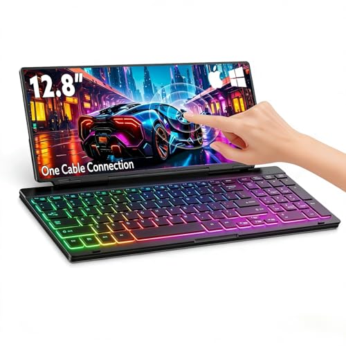 Image of 12.8 inch Portable Touchscreen Keyboard Monitor, Foldable Stretched Bar Laptop Screen Extender with Silent Keyboard USB-C Monitor for Windows MacOS (Driver Need)