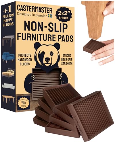 CasterMaster Square Rubber Furniture Pads - 2in x 2in, Pack of 8, Brown - Non-Slip Furniture Sliders for Hardwood Floors - Rubber Feet, Floor Protectors for Chairs & Hardwood Surfaces