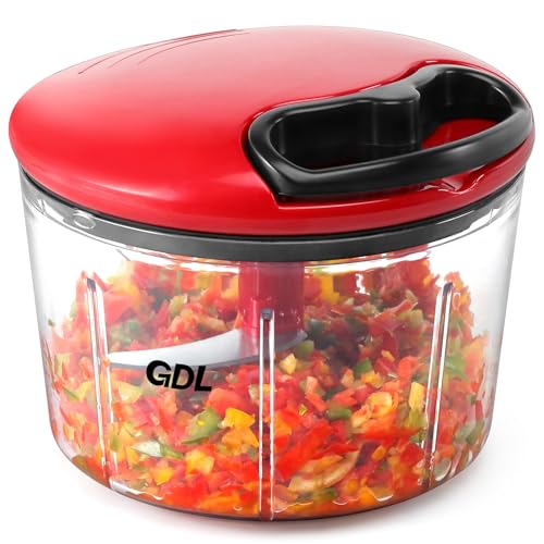 Image of GDL Food Chopper, Pull Onion Chopper Dicer, Hand Powered Food Mincer, Fast Cutting Hand Chopper for Oinon, Garlic, Nut, 3.4 Cups 0.8L, Red