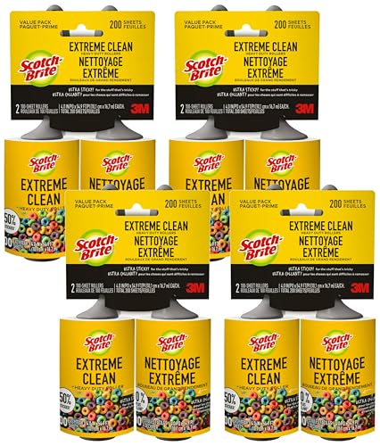 Image of Scotch-Brite Extreme Clean Lint Roller, 50% Stickier*, Heavy Duty for Removing Debris and Pet Hair on Clothes, Furniture, Cars, Offices & More, 8 Pack, 200 Adhesive Sheets Total