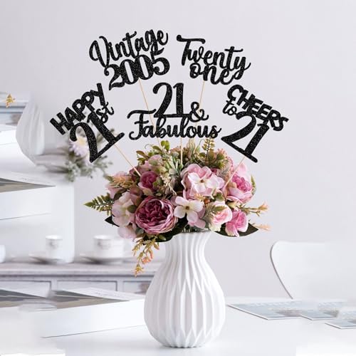 Image of 15 PCS Black 21st Birthday Centerpiece Sticks Double Sided Twenty One Happy 21 Vintage 2005 Table Flower Centerpieces Sticks Cheers to 21 Fabulous Floral Decorations for 21st Birthday Party Supplies
